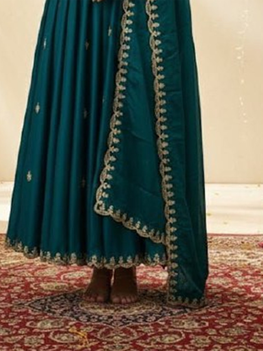Teal Blue Vichitra Silk Embroidery Party Wedding Festival Party Ready Anarkali Pant Salwar Kameez