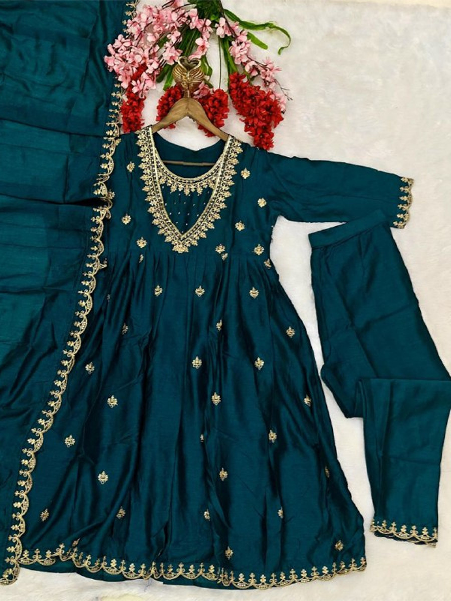 Teal Blue Vichitra Silk Embroidery Party Wedding Festival Party Ready Anarkali Pant Salwar Kameez