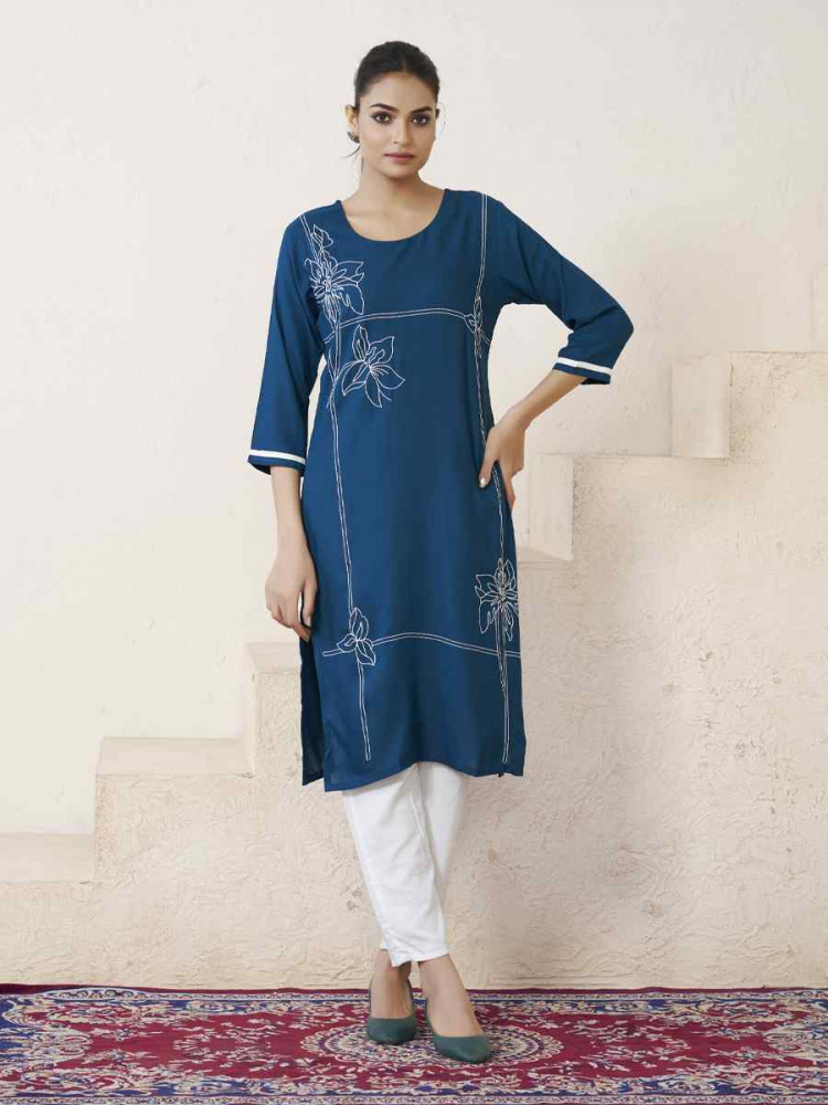 Teal Blue Viscose Rayon Embroidered Festival Casual Kurti
