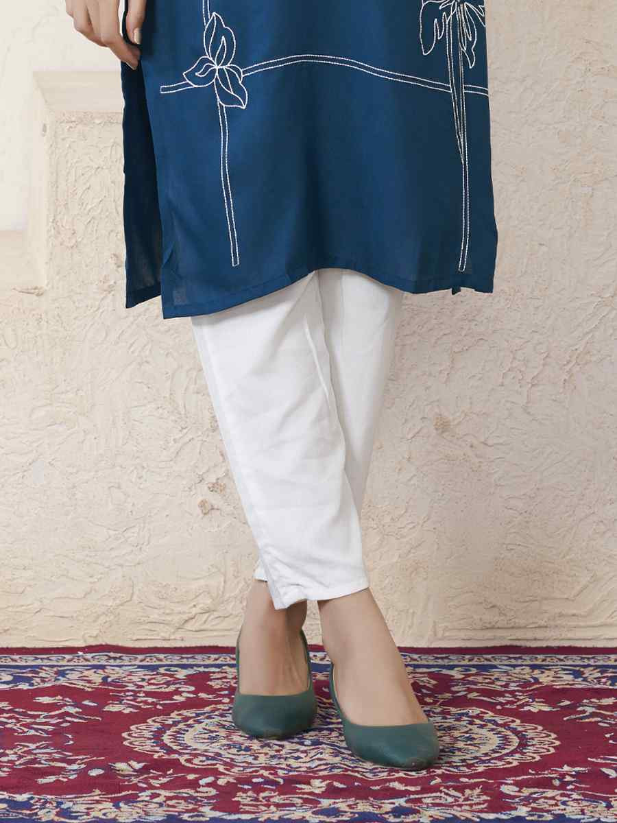 Teal Blue Viscose Rayon Embroidered Festival Casual Kurti