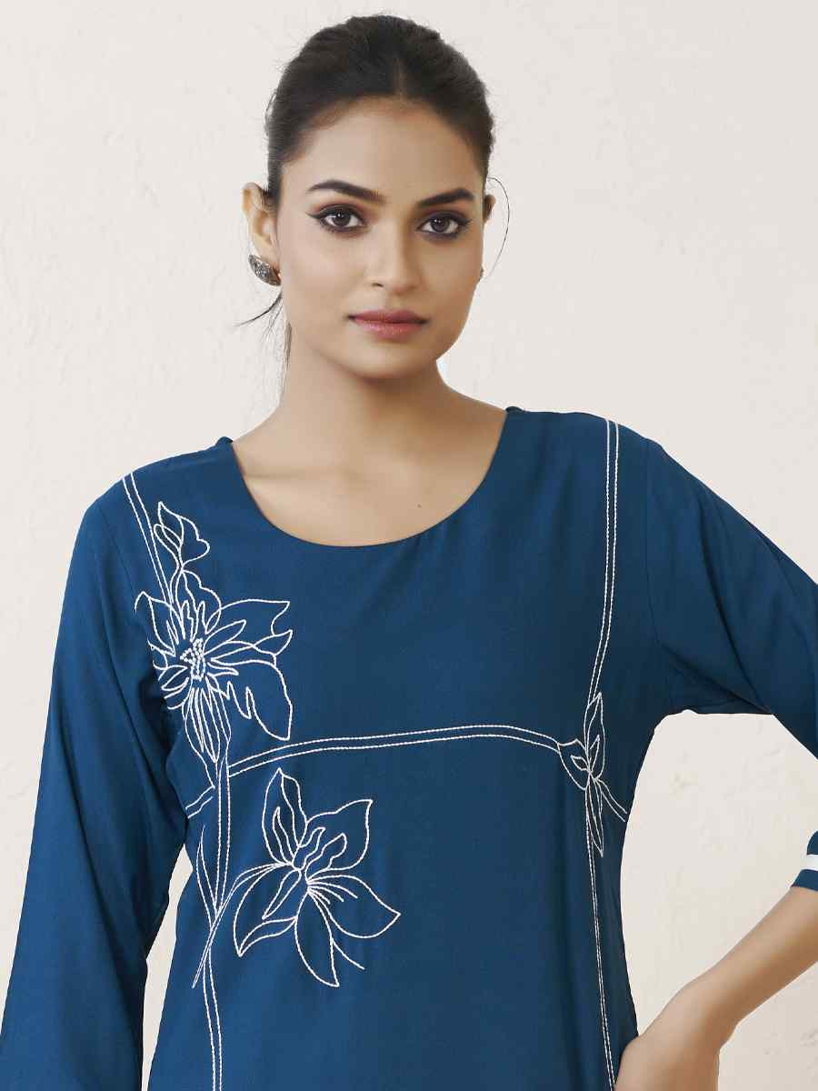 Teal Blue Viscose Rayon Embroidered Festival Casual Kurti