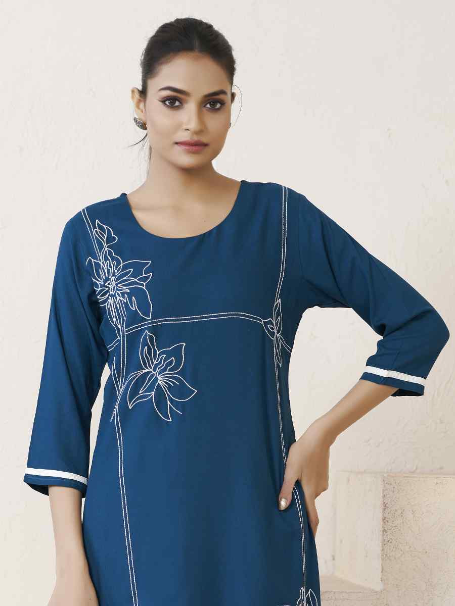 Teal Blue Viscose Rayon Embroidered Festival Casual Kurti