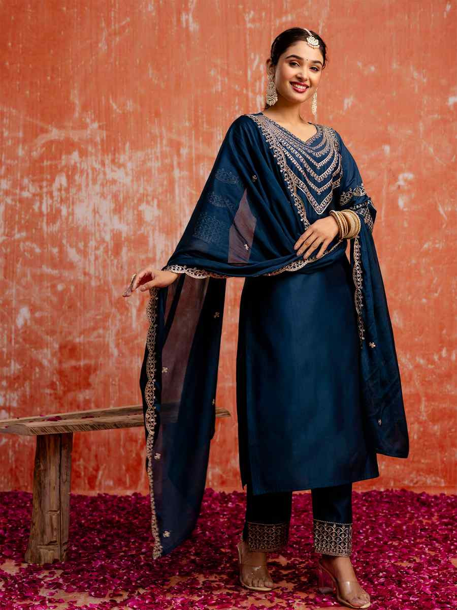 Teal Blue Viscose Rayon Embroidered Party Wedding Ready Pant Salwar Kameez