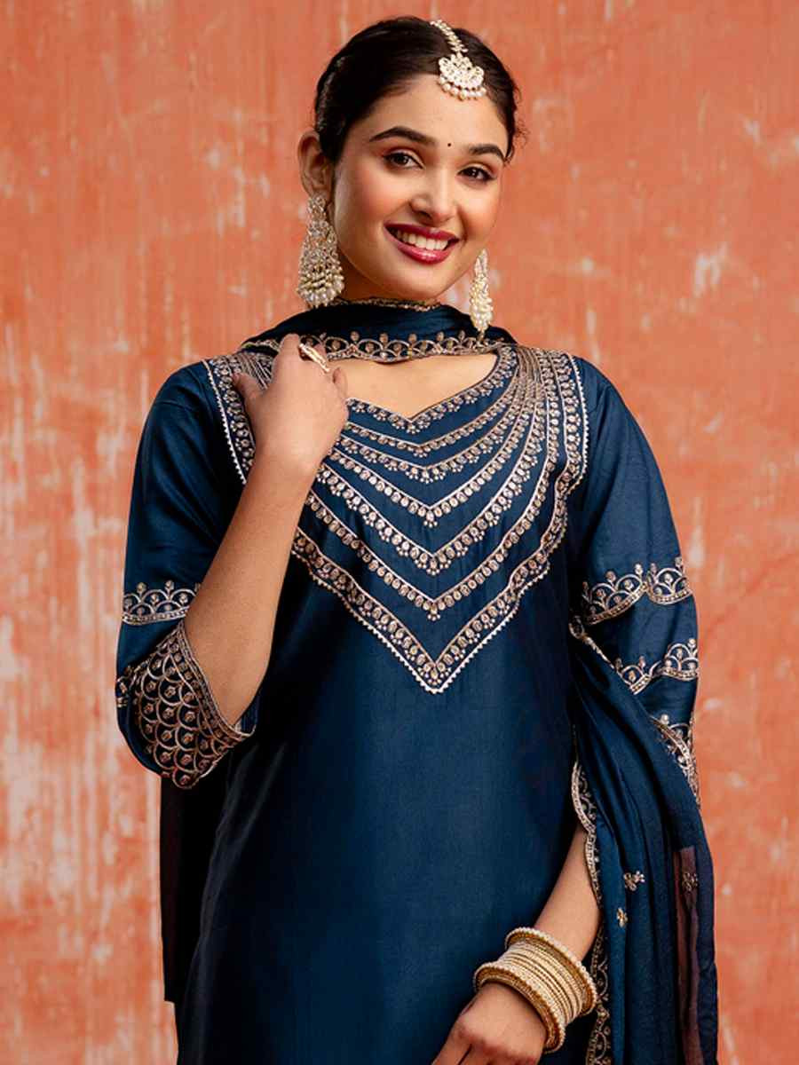 Teal Blue Viscose Rayon Embroidered Party Wedding Ready Pant Salwar Kameez