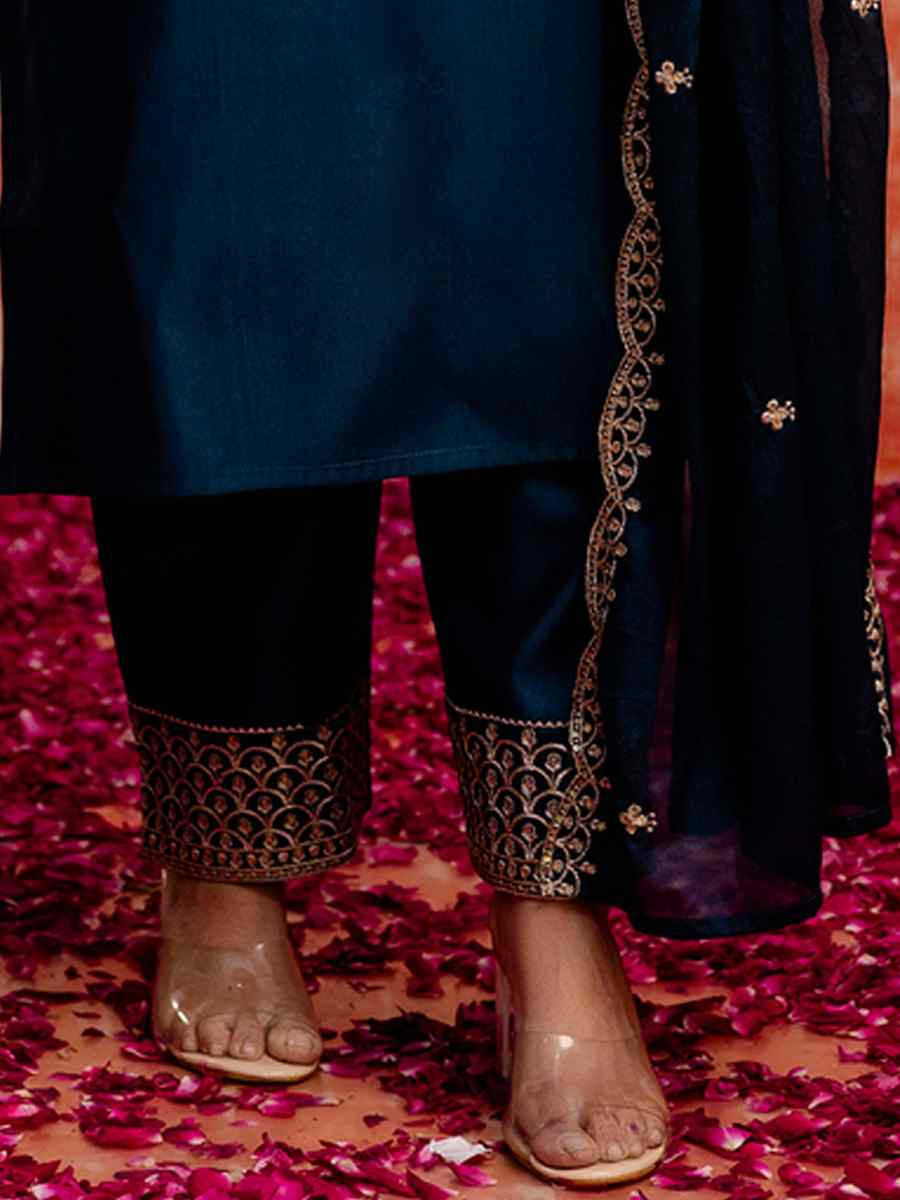 Teal Blue Viscose Rayon Embroidered Party Wedding Ready Pant Salwar Kameez