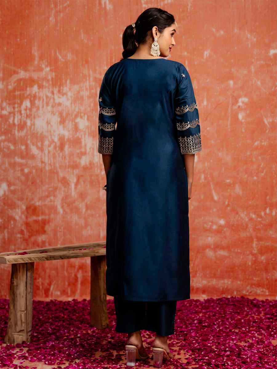 Teal Blue Viscose Rayon Embroidered Party Wedding Ready Pant Salwar Kameez