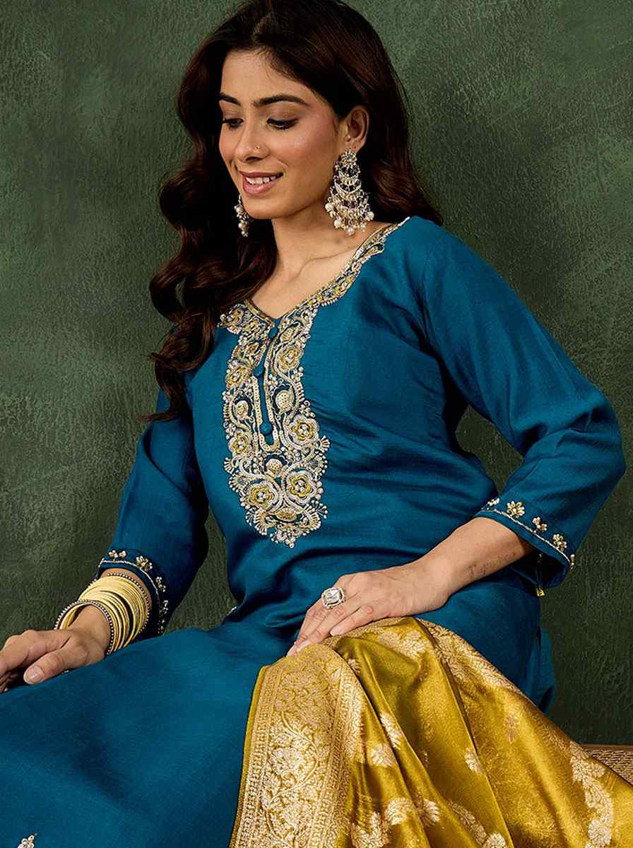 Teal Blue Viscose Rayon Embroidery Party Wedding Festival Casual Ready Pant Salwar Kameez