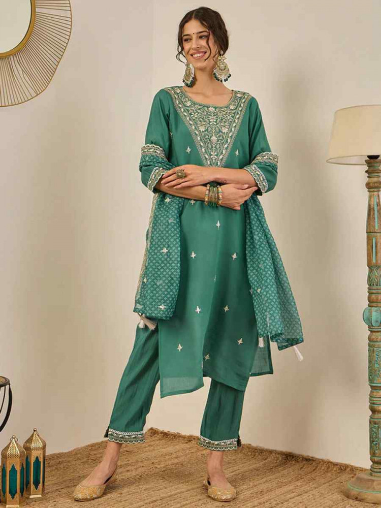 Image of Teal Blue Viscose Rayon Plain with Embroidery Party Wedding Festival Casual Ready Pant Salwar Kameez