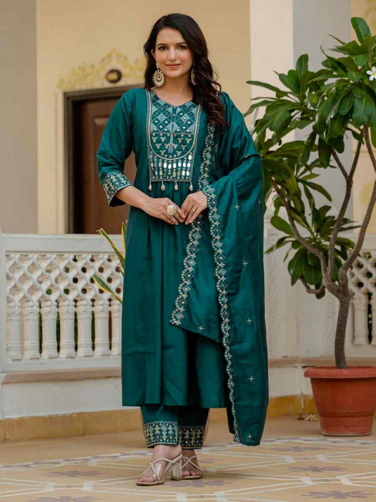 Image of Teal Blue Viscose Roman Silk Embroidery Party Wedding Festival Casual Ready Anarkali Salwar Kameez