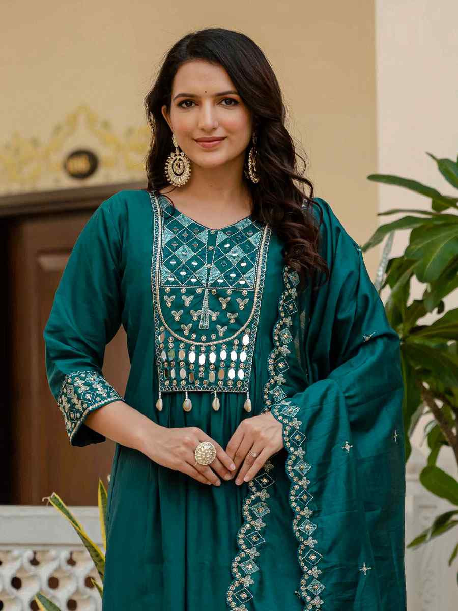 Teal Blue Viscose Roman Silk Embroidery Party Wedding Festival Casual Ready Anarkali Salwar Kameez