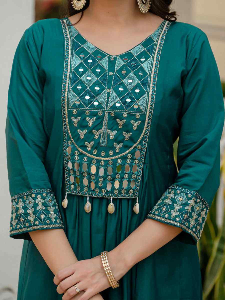 Teal Blue Viscose Roman Silk Embroidery Party Wedding Festival Casual Ready Anarkali Salwar Kameez