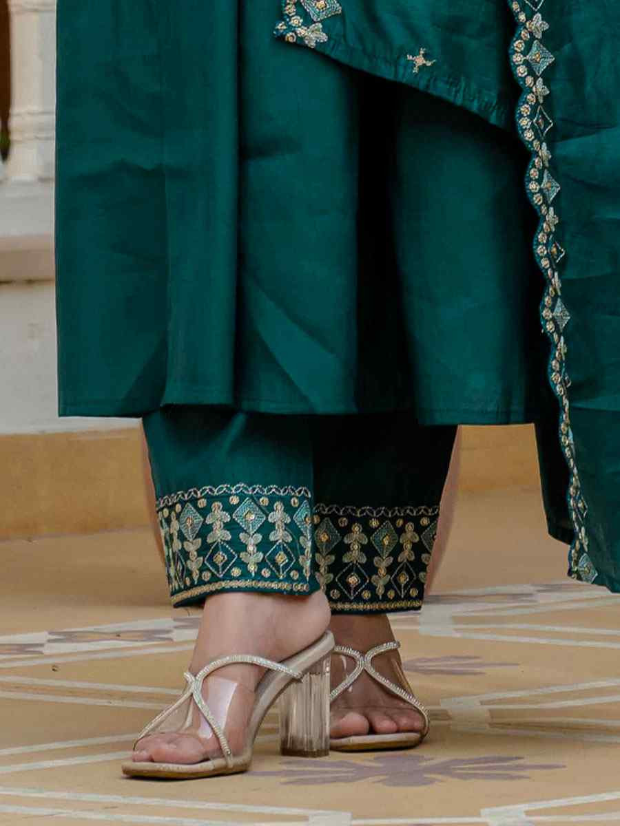 Teal Blue Viscose Roman Silk Embroidery Party Wedding Festival Casual Ready Anarkali Salwar Kameez