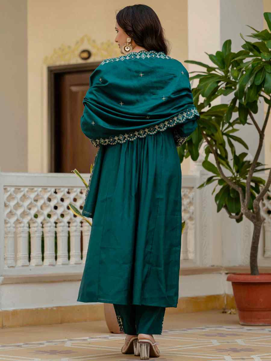 Teal Blue Viscose Roman Silk Embroidery Party Wedding Festival Casual Ready Anarkali Salwar Kameez