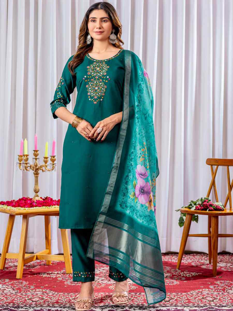 Teal Blue Viscose Silk Embroidered Party Wedding Ready Pant Salwar Kameez