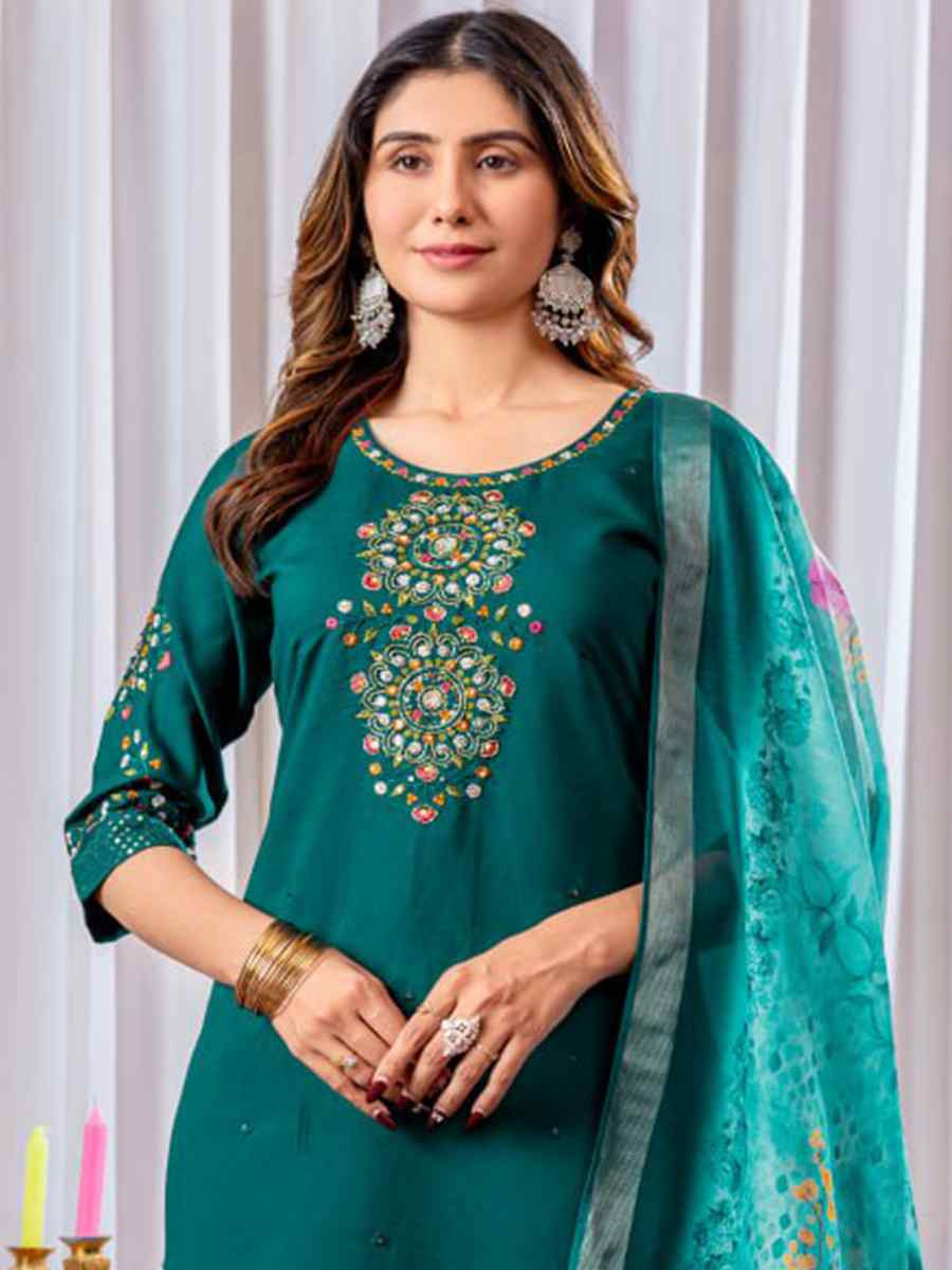 Teal Blue Viscose Silk Embroidered Party Wedding Ready Pant Salwar Kameez