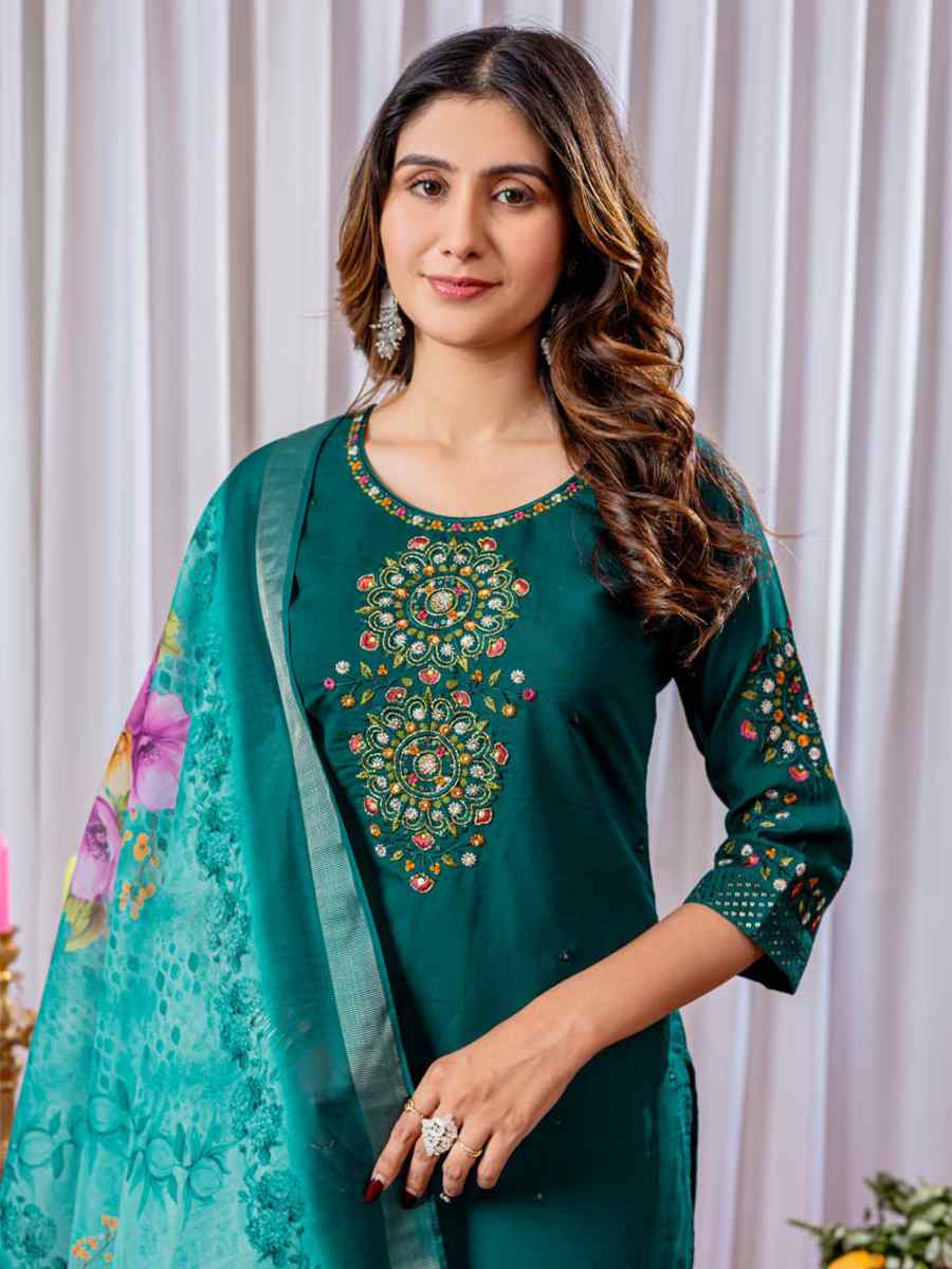 Teal Blue Viscose Silk Embroidered Party Wedding Ready Pant Salwar Kameez