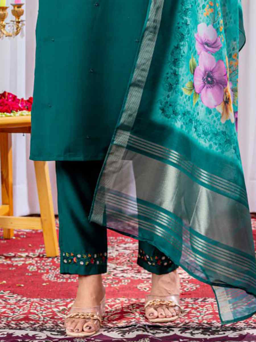 Teal Blue Viscose Silk Embroidered Party Wedding Ready Pant Salwar Kameez