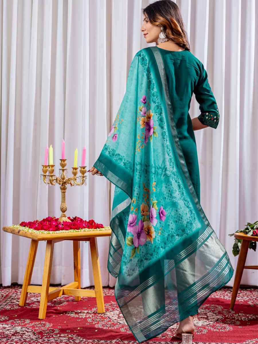 Teal Blue Viscose Silk Embroidered Party Wedding Ready Pant Salwar Kameez