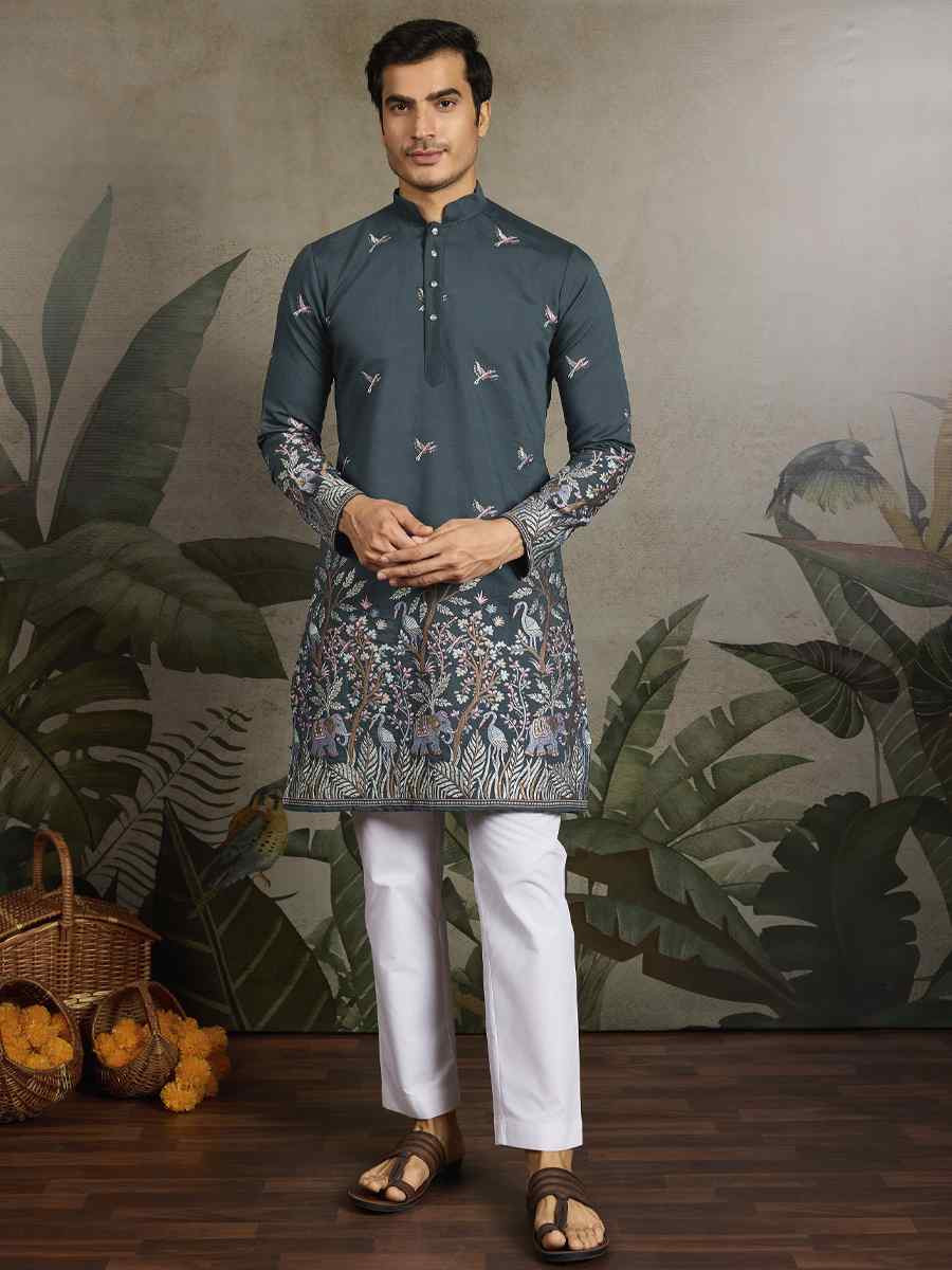 Teal Blue Viscose Silk Embroidery And Printed Festival Wedding Party Mens Kurta