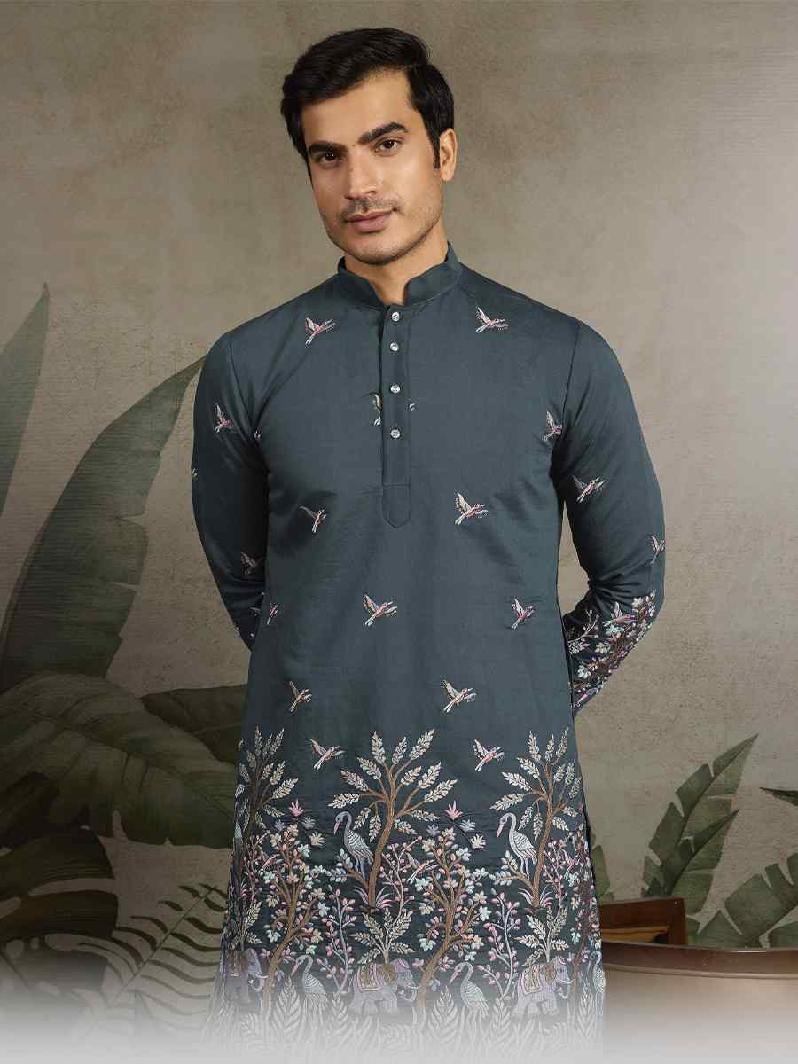 Teal Blue Viscose Silk Embroidery And Printed Festival Wedding Party Mens Kurta