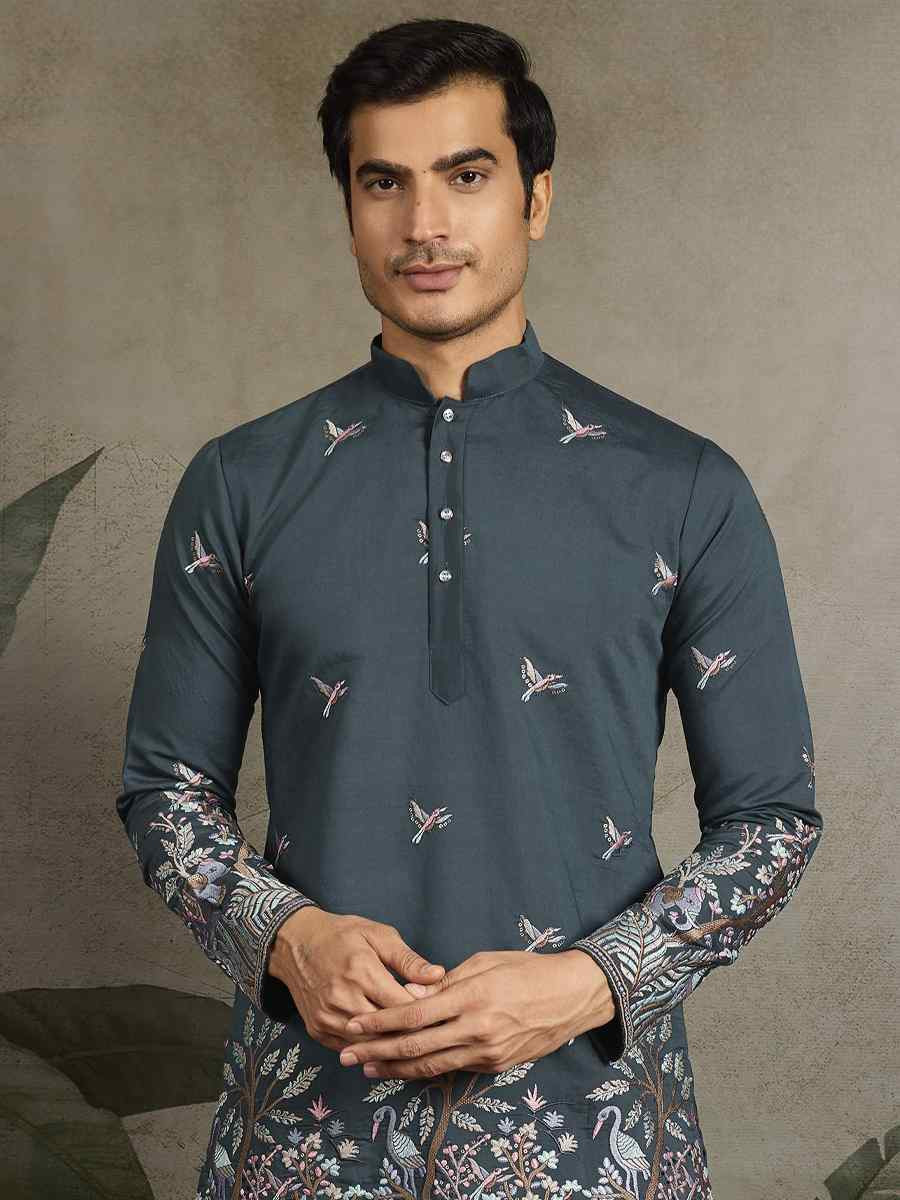 Teal Blue Viscose Silk Embroidery And Printed Festival Wedding Party Mens Kurta