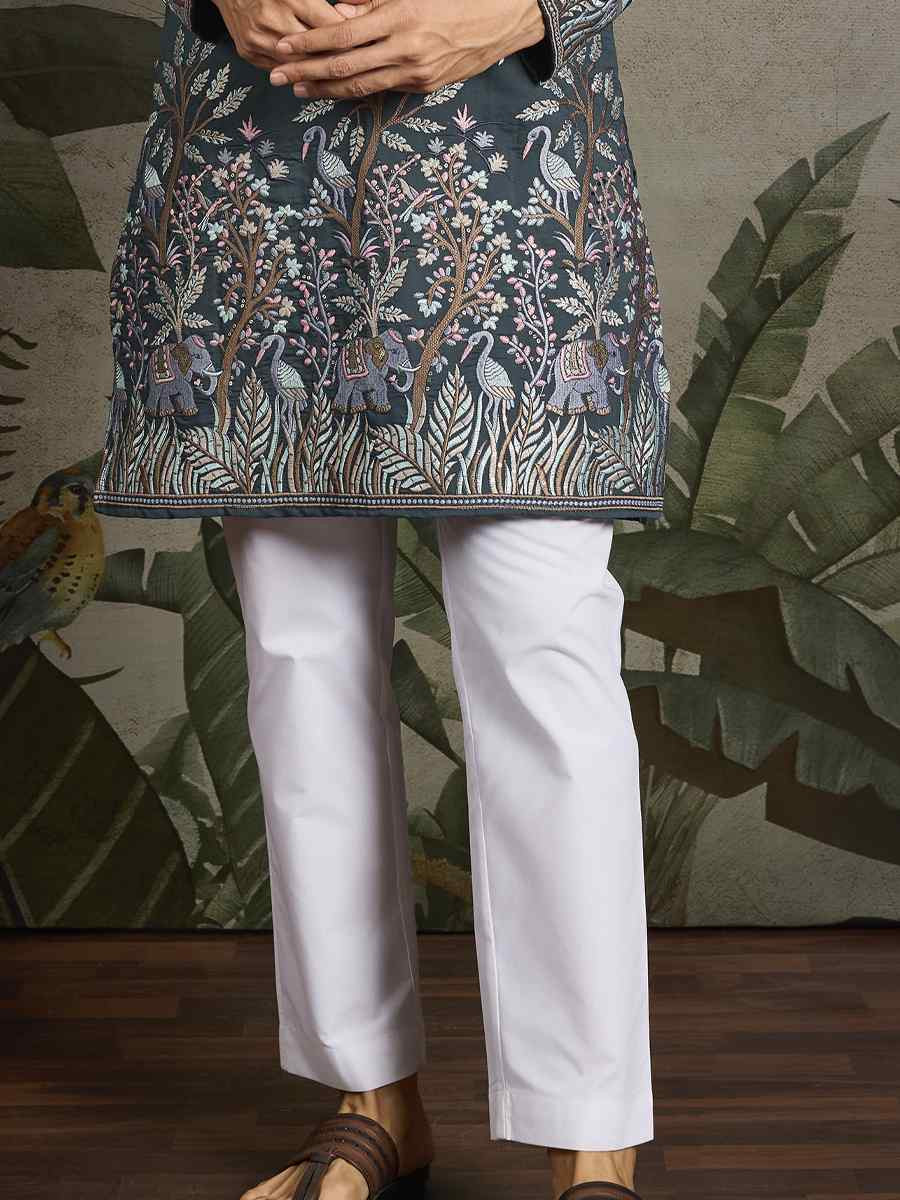 Teal Blue Viscose Silk Embroidery And Printed Festival Wedding Party Mens Kurta