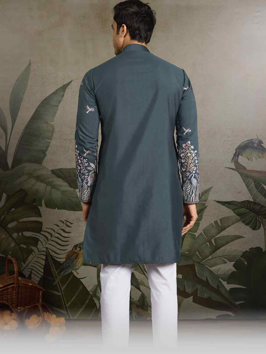 Teal Blue Viscose Silk Embroidery And Printed Festival Wedding Party Mens Kurta