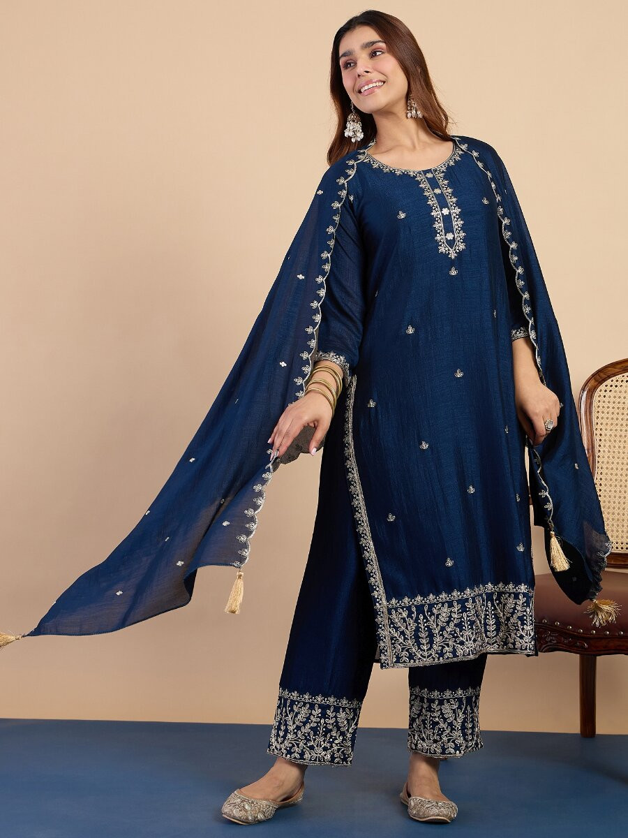 Teal BlueSilk Blend Embroidery Wedding Party Festival Casual Palazzo Pant Salwar Kameez