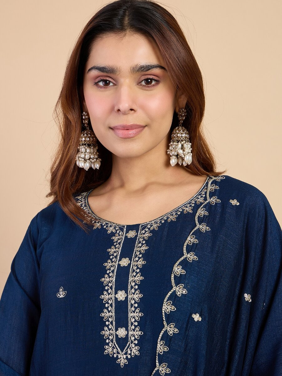 Teal BlueSilk Blend Embroidery Wedding Party Festival Casual Palazzo Pant Salwar Kameez