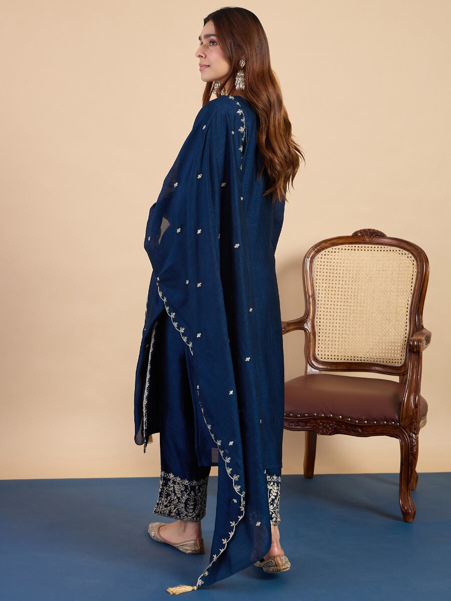 Teal BlueSilk Blend Embroidery Wedding Party Festival Casual Palazzo Pant Salwar Kameez