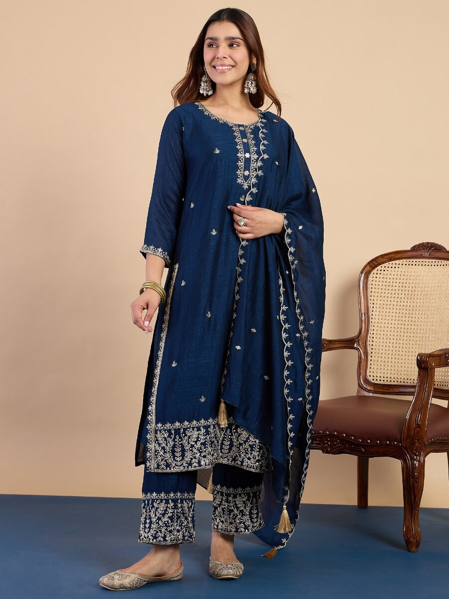 Teal BlueSilk Blend Embroidery Wedding Party Festival Casual Palazzo Pant Salwar Kameez