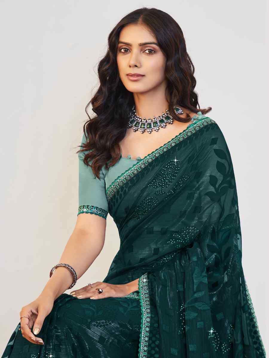 Teal Brasso Embroidered Party Festival Classic Style Saree