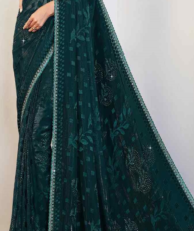Teal Brasso Embroidered Party Festival Classic Style Saree