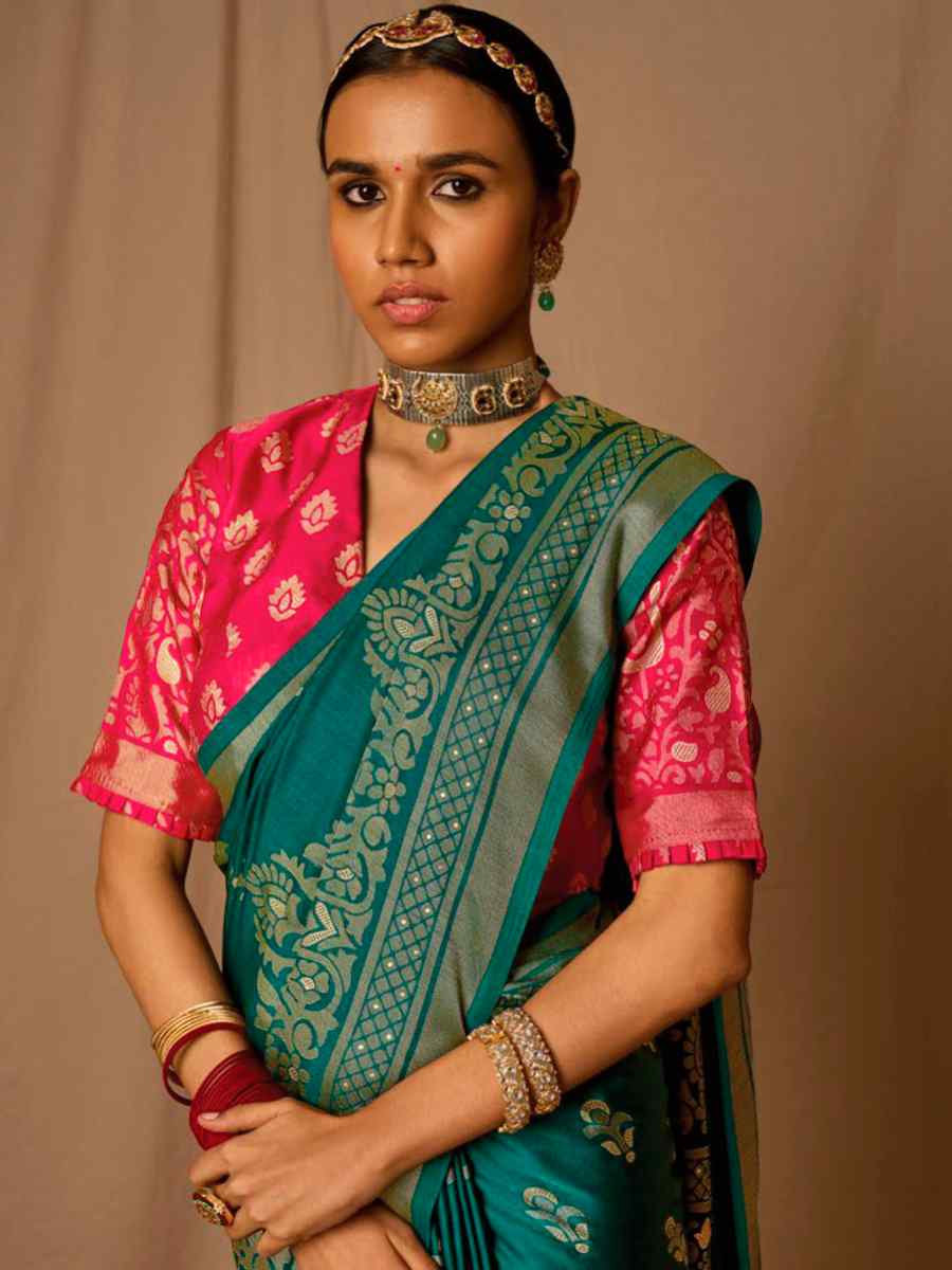 Teal Brasso Handwoven Wedding Festival Heavy Border Saree
