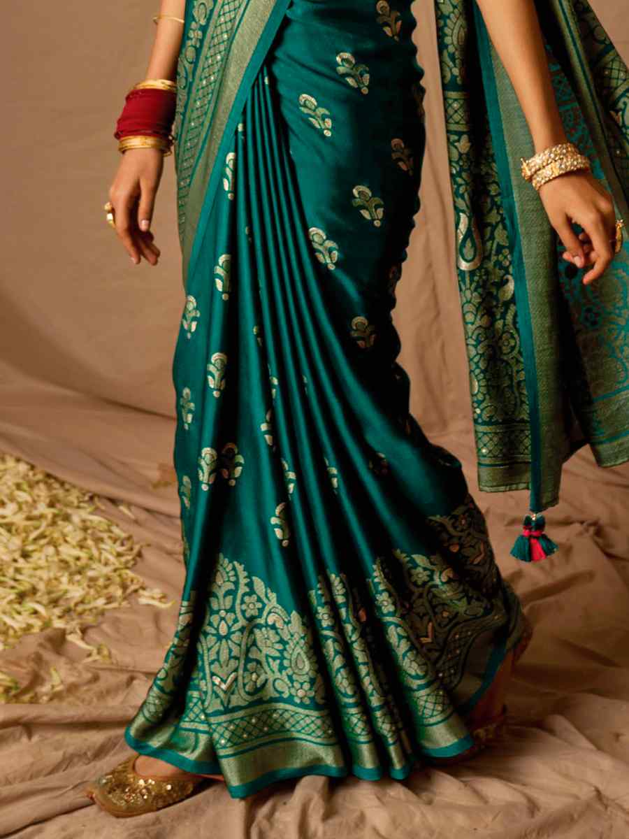 Teal Brasso Handwoven Wedding Festival Heavy Border Saree