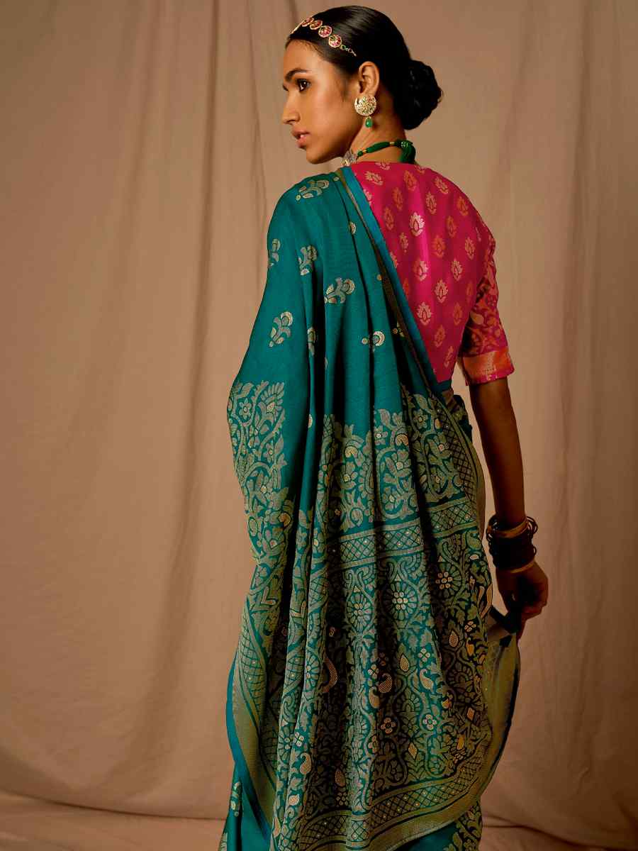 Teal Brasso Handwoven Wedding Festival Heavy Border Saree