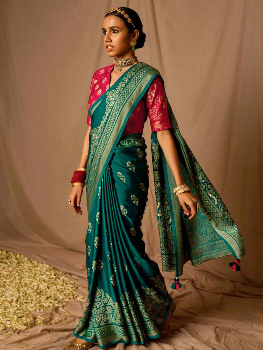 Teal Brasso Handwoven Wedding Festival Heavy Border Saree