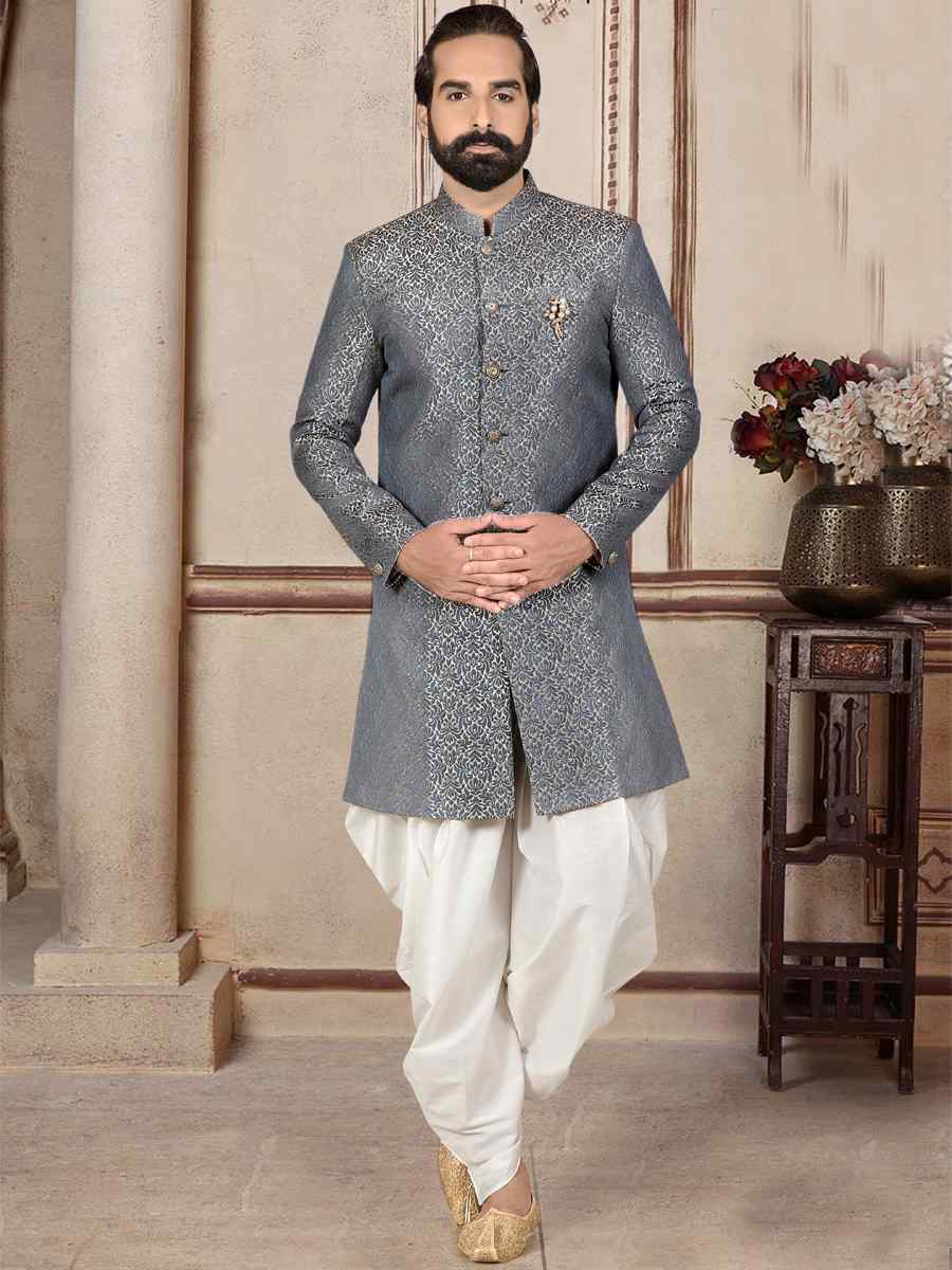 Teal Brocade Woven Festival Wedding Sherwani Kurta