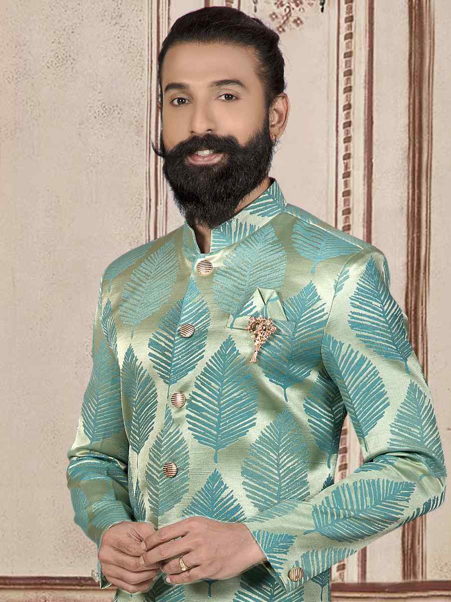 Teal Brocade Woven Festival Wedding Sherwani Kurta