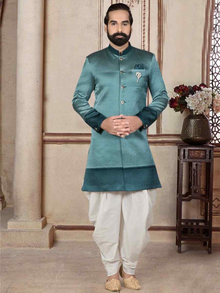 Teal Brocade Woven Festival Wedding Sherwani Kurta