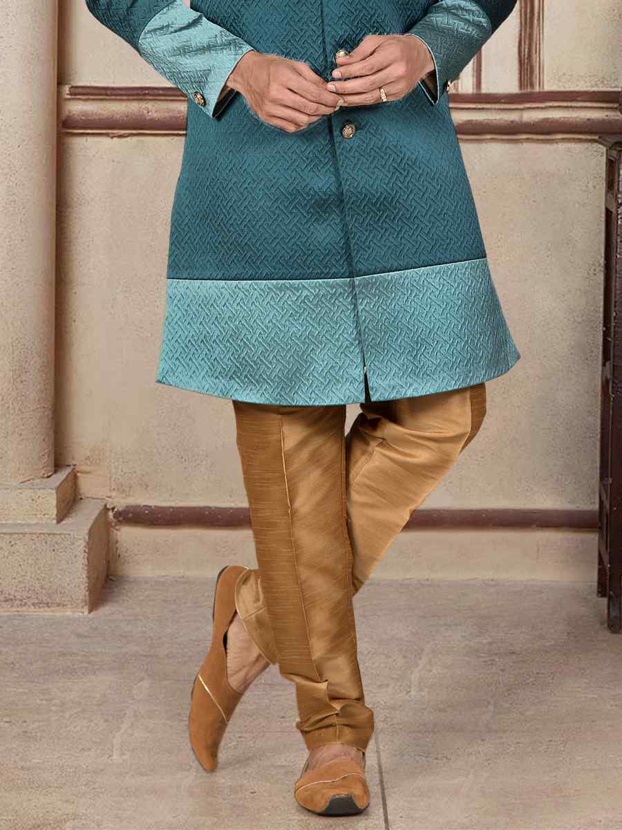 Teal Brocade Woven Festival Wedding Sherwani Kurta