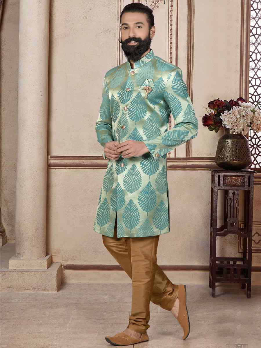 Teal Brocade Woven Festival Wedding Sherwani Kurta