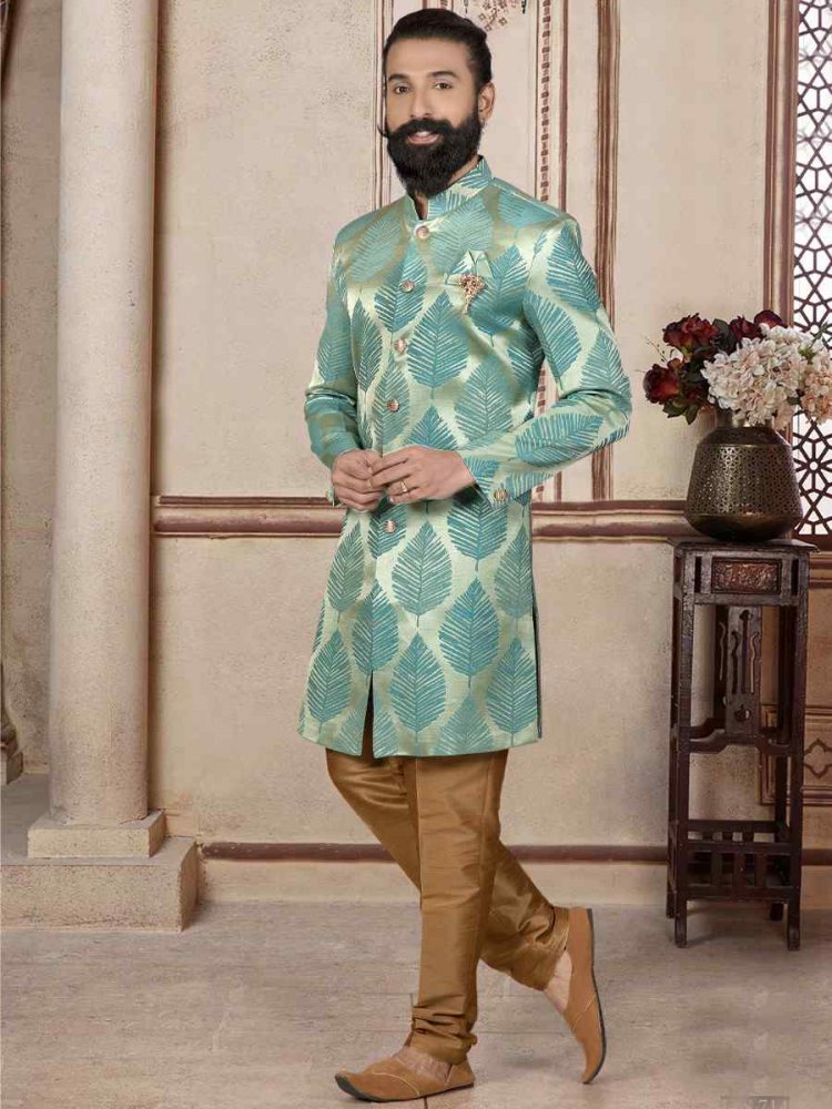 Teal Brocade Woven Festival Wedding Sherwani Kurta