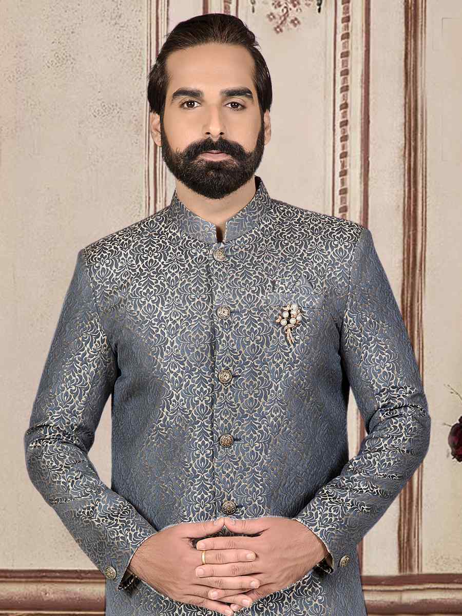 Teal Brocade Woven Festival Wedding Sherwani Kurta
