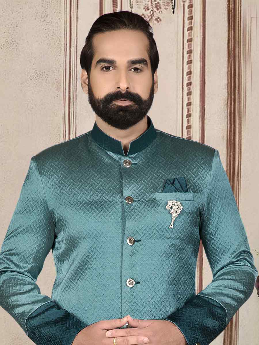 Teal Brocade Woven Festival Wedding Sherwani Kurta
