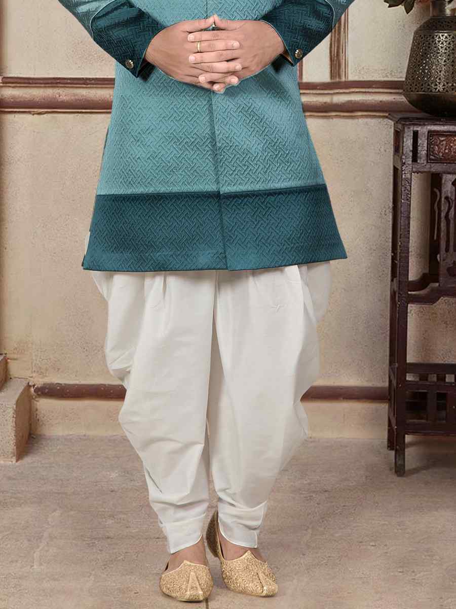 Teal Brocade Woven Festival Wedding Sherwani Kurta