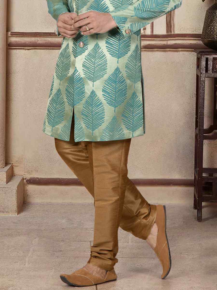 Teal Brocade Woven Festival Wedding Sherwani Kurta