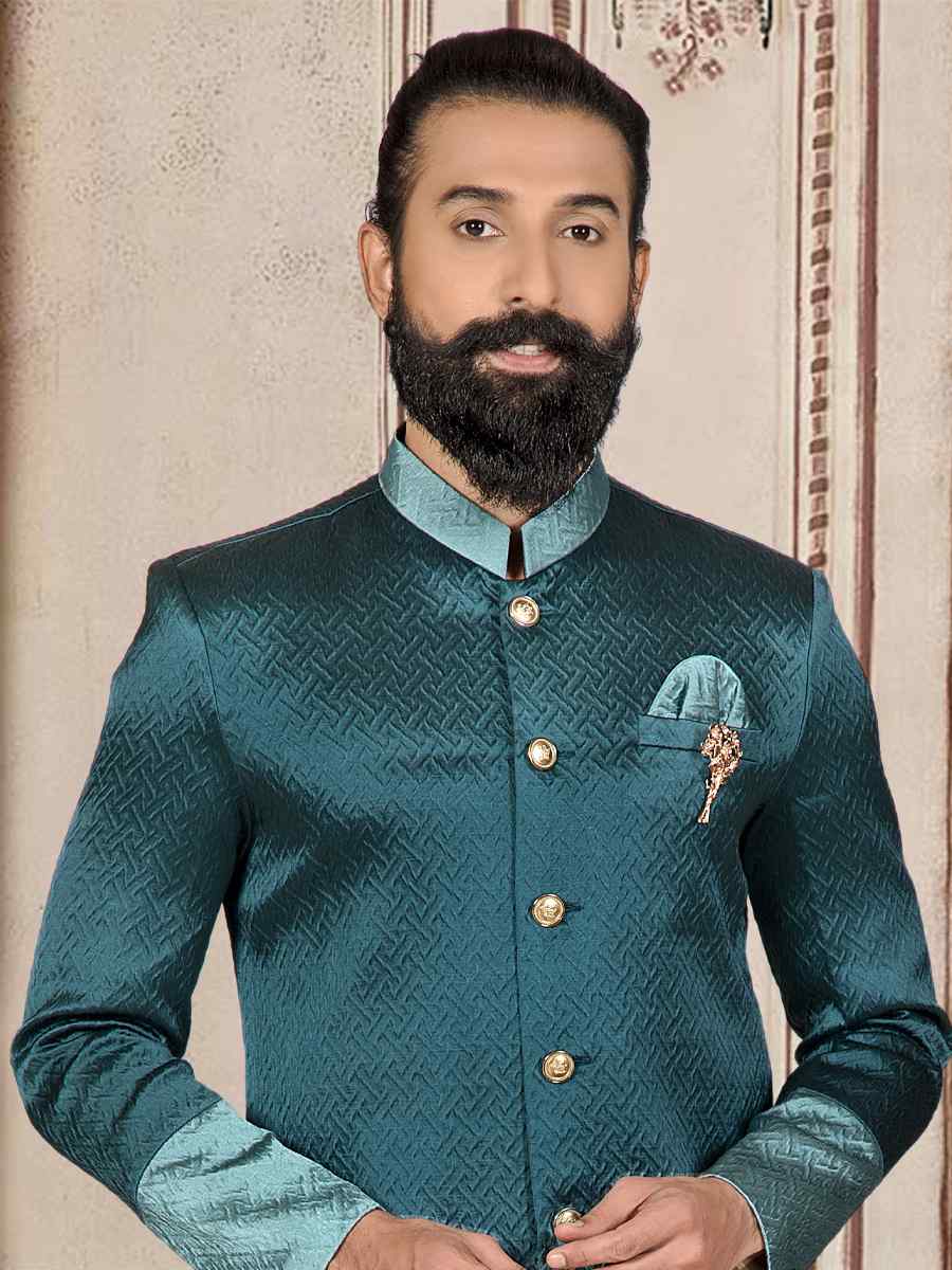 Teal Brocade Woven Festival Wedding Sherwani Kurta