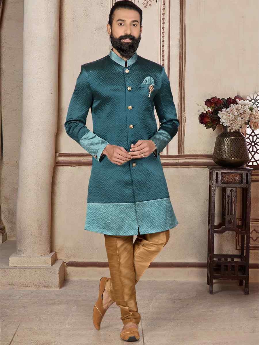 Teal Brocade Woven Festival Wedding Sherwani Kurta