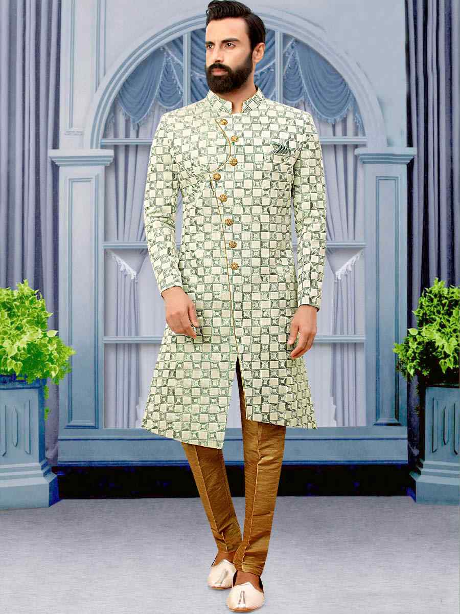 Teal Brocade Woven Party Wedding Sherwani